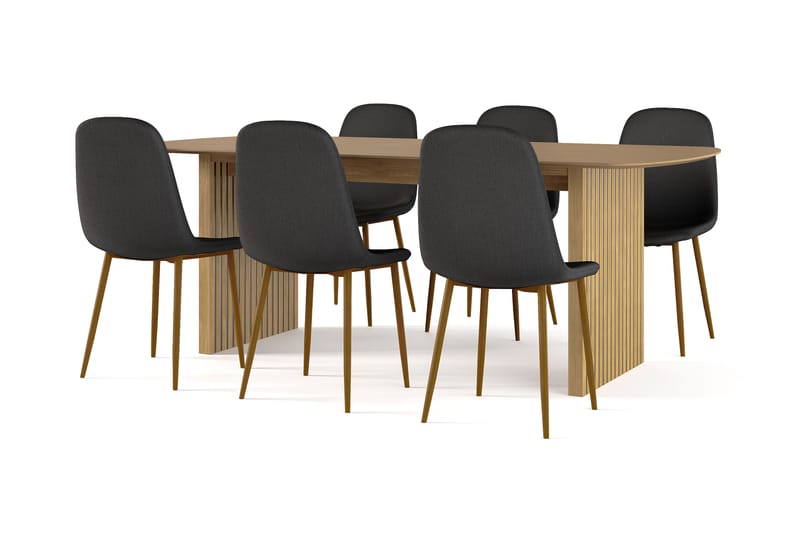 Richeto Spisebord 210 cm eik + 6 stk Nibe stol svart med eikeben, Natur/Svart