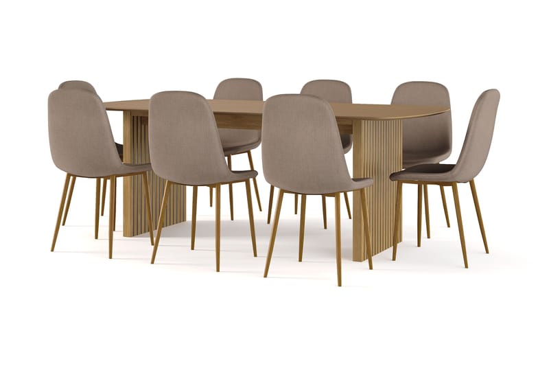 Richeto Spisebord 210 cm eik + 8 stk Nibe stol brun med eikeben, Natur/Brun