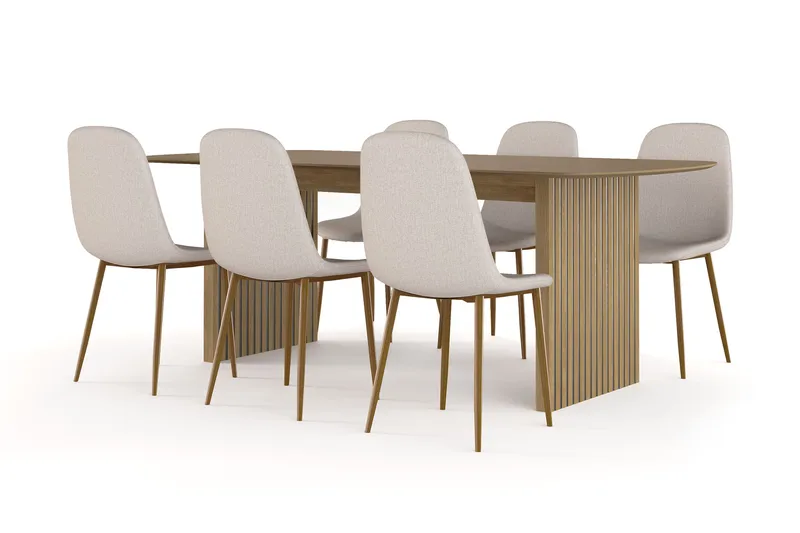 Richeto spisebord 210 cm eik + 6 stk. Nibe stol beige med eikeben, Eik