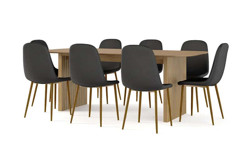 Richeto spisebord 210 cm eik + 8 stk. Nibe stol svart med eikeben, Eik