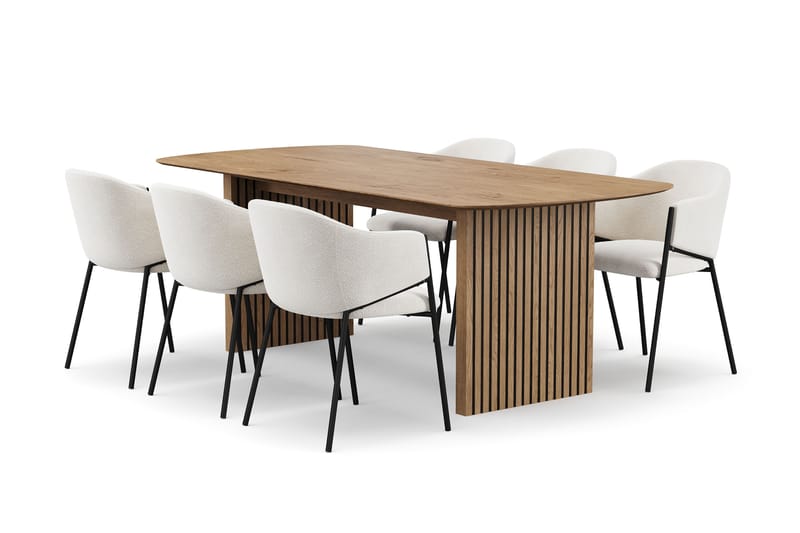 Richeto Spisebord 210 cm med 6 Filip Spisestoler, Naturlig finish / Hvit Bouclé