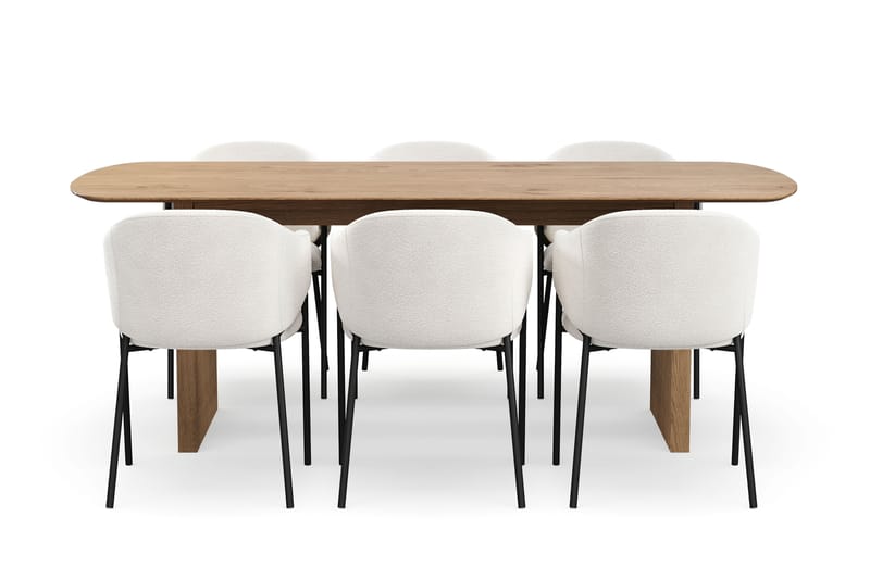 Richeto Spisebord 210 cm med 6 Filip Spisestoler - Naturlig finish / Hvit Bouclé - Møbler - Bord - Spisegrupper