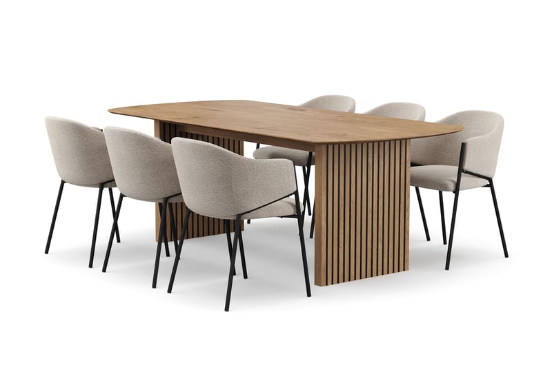 Richeto Spisebord 210 cm med 6 Filip Spisestoler, Naturlig finish / Taupe Bouclé