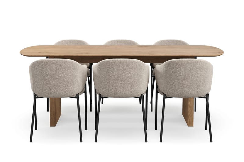 Richeto Spisebord 210 cm med 6 Filip Spisestoler - Naturlig finish / Taupe Bouclé - Møbler - Bord - Spisegrupper