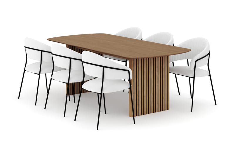 Richeto Spisebord 210 cm med 6 Karol Spisestoler, Naturlig finish / Hvit Bouclé