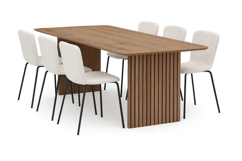 Richeto Spisebord 210 cm med 6 Katy Spisestoler, Naturlig finish / Hvit Bouclé / Metallben Svart