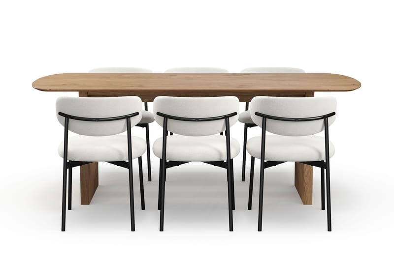 Richeto Spisebord 210 cm med 6 Lucy Spisestoler - Naturlig finish / Hvit Bouclé / Metallben Svart - Møbler - Bord - Spisegrupper