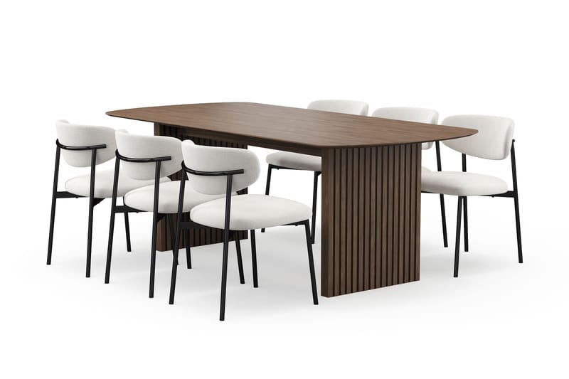 Richeto Spisebord 210 cm med 6 Lucy Spisestoler, Røkt eik / Hvit Bouclé