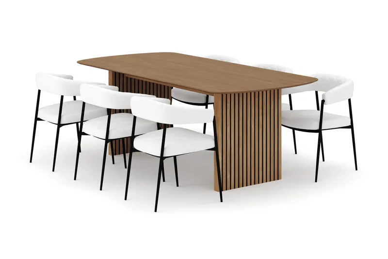 Richeto Spisebord 210 cm med 6 Velma Spisestoler, Naturlig finish / Hvit Bouclé