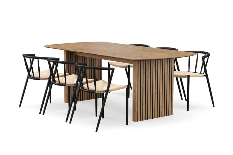 Richeto Spisebord 210 cm med 6 Winston Spisestoler, Naturlig finish / Beige / Metallben Svart