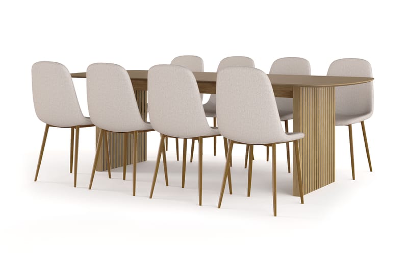 Richeto Spisebord 240 cm eik + 8 stk Nibe stol beige med eikeben, Natur/Beige