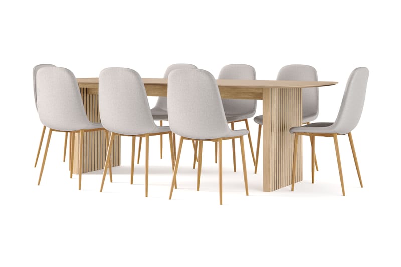 Richeto Spisebord 240 cm eik + 8 stk Nibe stol grå med eikeben - Natur/Grå - Møbler - Bord - Spisegrupper