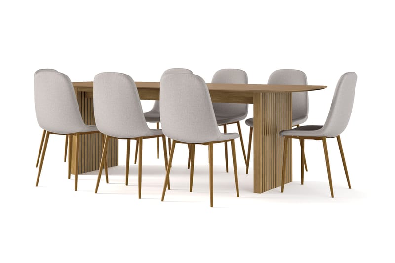 Richeto Spisebord 240 cm eik + 8 stk Nibe stol grå med eikeben, Natur/Grå