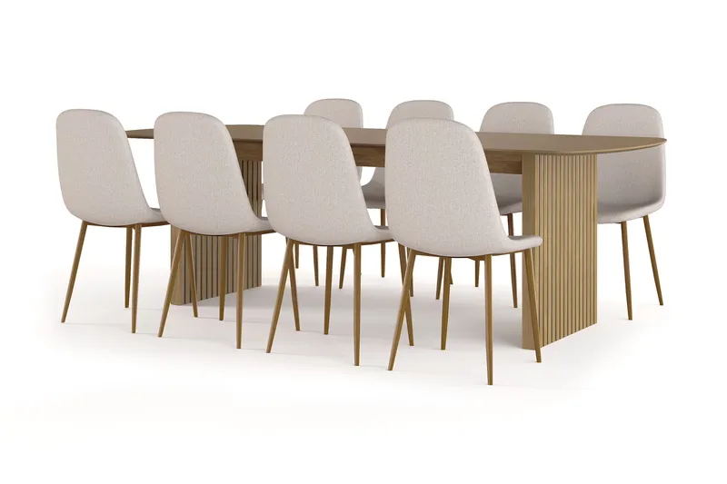 Richeto spisebord 240 cm eik + 8 stk. Nibe stol beige med eikeben, Eik