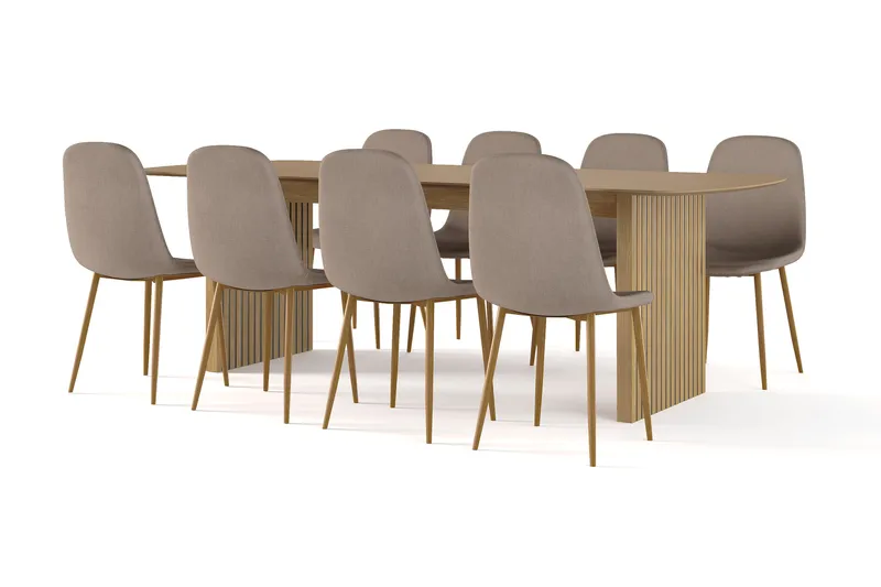 Richeto spisebord 240 cm eik + 8 stk. Nibe stol brun med eikeben, Eik