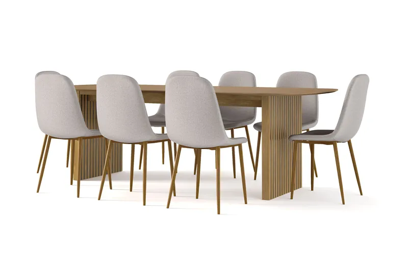 Richeto spisebord 240 cm eik + 8 stk. Nibe stol grå med eikeben - Eik - Møbler - Bord - Spisegrupper
