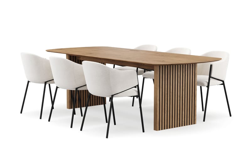 Richeto Spisebord 240 cm med 6 Filip Spisestoler, Naturlig finish / Hvit Bouclé