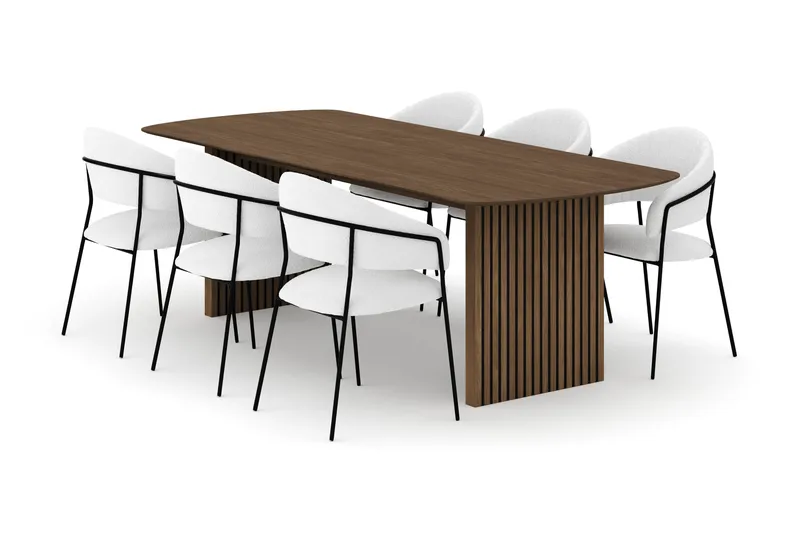 Richeto Spisebord 240 cm med 6 Karol Spisestoler, Røkt eik / Hvit Bouclé