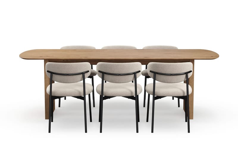 Richeto Spisebord 240 cm med 6 Lucy Spisestoler - Naturlig finish / Greige Bouclé / Metallben Svart - Møbler - Bord - Spisegrupper