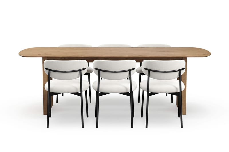 Richeto Spisebord 240 cm med 6 Lucy Spisestoler - Naturlig finish / Hvit Bouclé / Metallben Svart - Møbler - Bord - Spisegrupper