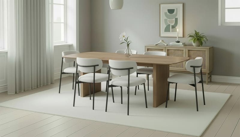 Richeto Spisebord 240 cm med 6 Lucy Spisestoler - Naturlig finish / Hvit Bouclé / Metallben Svart - Møbler - Bord - Spisegrupper