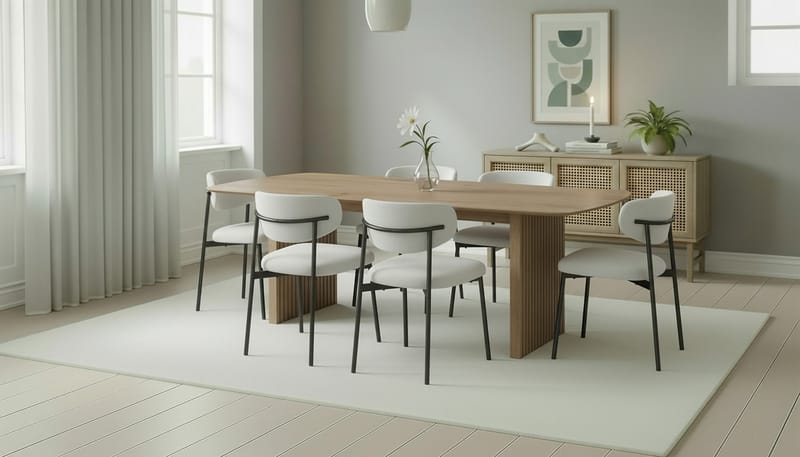 Richeto Spisebord 240 cm med 6 Lucy Spisestoler - Naturlig finish / Hvit Bouclé / Metallben Svart - Møbler - Bord - Spisegrupper