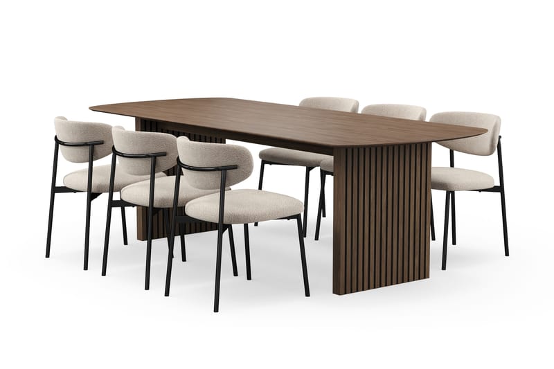 Richeto Spisebord 240 cm med 6 Lucy Spisestoler, Røkt eik / Greige Bouclé