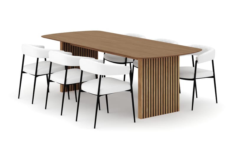Richeto Spisebord 240 cm med 6 Velma Spisestoler, Naturlig finish / Hvit Bouclé