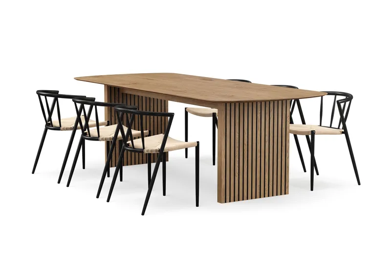 Richeto Spisebord 240 cm med 6 Winston Spisestoler, Naturlig finish / Beige / Metallben Svart