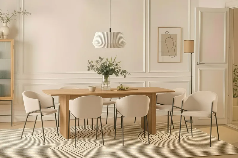 Richeto Spisebord 240 cm med 8 Filip Spisestoler - Naturlig finish / Hvit Bouclé - Møbler - Bord - Spisegrupper