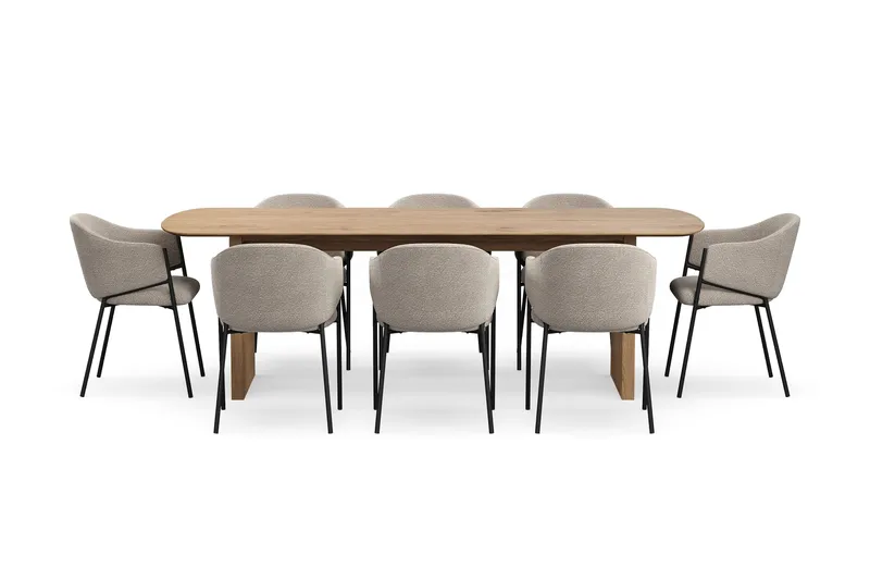 Richeto Spisebord 240 cm med 8 Filip Spisestoler - Naturlig finish / Taupe Bouclé - Møbler - Bord - Spisegrupper