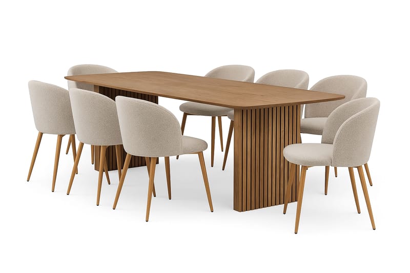 Richeto Spisebord 240 cm med 8 Greya Spisestoler med armlener, Naturlig finish / Greige Bouclé / Metallben Eik