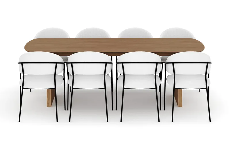 Richeto Spisebord 240 cm med 8 Karol Spisestoler - Naturlig finish / Hvit Bouclé - Møbler - Bord - Spisegrupper