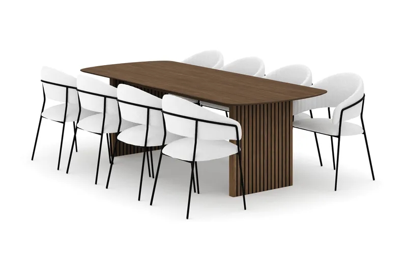 Richeto Spisebord 240 cm med 8 Karol Spisestoler, Røkt eik / Hvit Bouclé