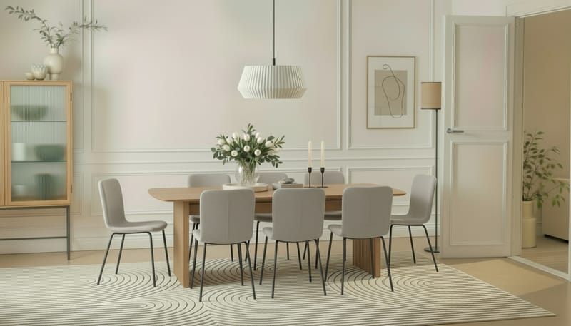 Richeto Spisebord 240 cm med 8 Katy Spisestoler - Naturlig finish / Greige Bouclé / Metallben Svart - Møbler - Bord - Spisegrupper