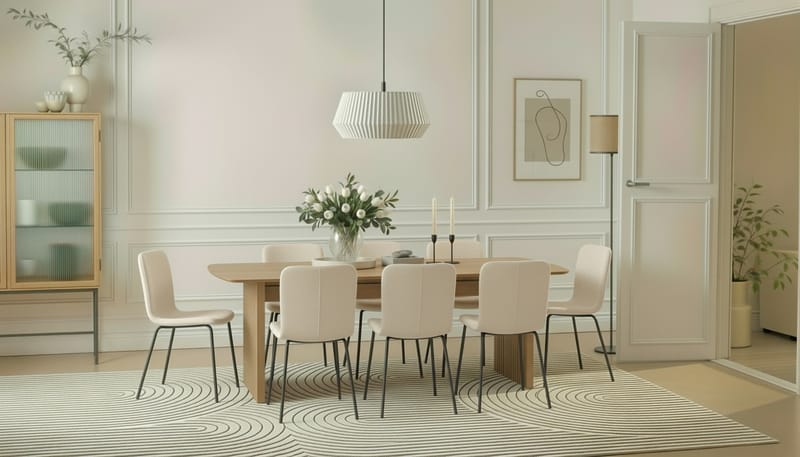 Richeto Spisebord 240 cm med 8 Katy Spisestoler - Naturlig finish / Hvit Bouclé / Metallben Svart - Møbler - Bord - Spisegrupper