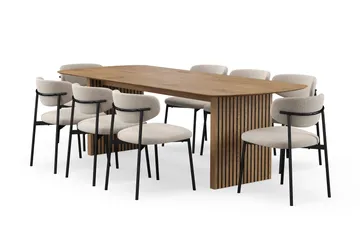 Richeto spisebord 240 cm med 8 Lucy spisestoler - Naturlig finish / Greige bouclé / Metallben svart - Møbler - Bord - Spisegrupper