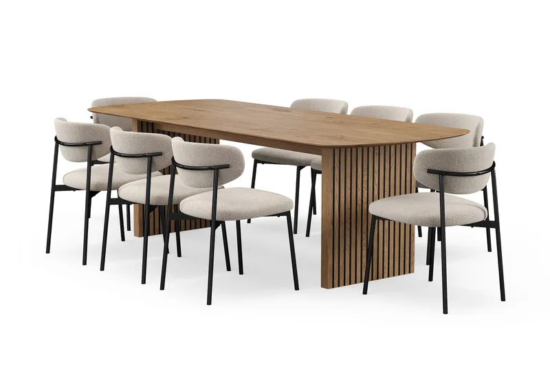 Richeto Spisebord 240 cm med 8 Lucy Spisestoler, Naturlig finish / Greige Bouclé / Metallben Svart