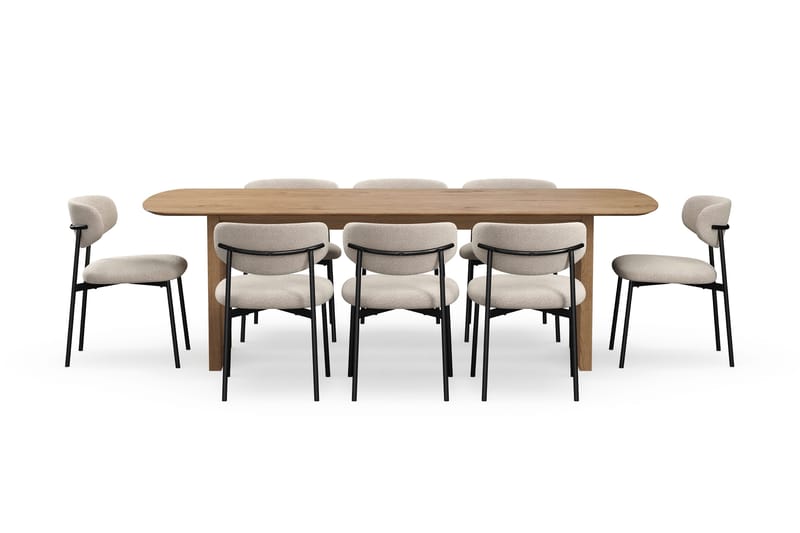 Richeto Spisebord 240 cm med 8 Lucy Spisestoler - Naturlig finish / Greige Bouclé / Metallben Svart - Møbler - Bord - Spisegrupper