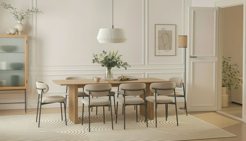 Richeto Spisebord 240 cm med 8 Lucy Spisestoler - Naturlig finish / Greige Bouclé / Metallben Svart - Møbler - Bord - Spisegrupper