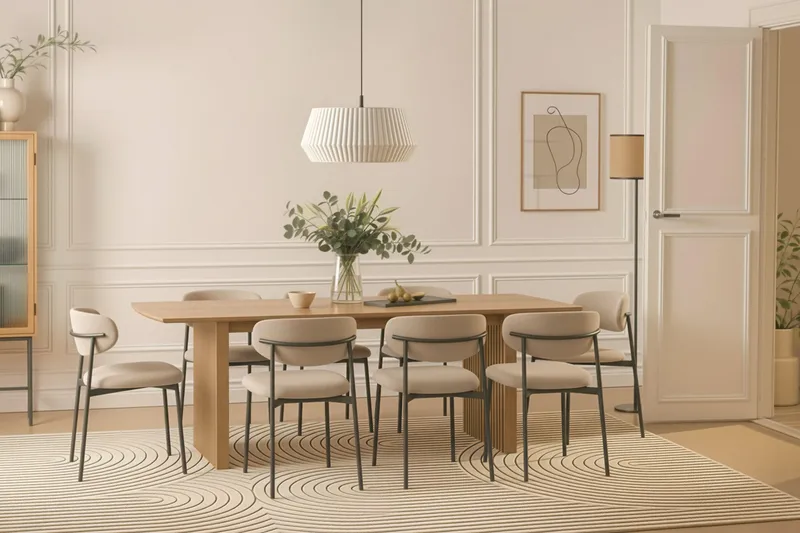 Richeto Spisebord 240 cm med 8 Lucy Spisestoler - Naturlig finish / Greige Bouclé / Metallben Svart - Møbler - Bord - Spisegrupper