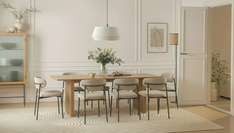 Richeto Spisebord 240 cm med 8 Lucy Spisestoler - Naturlig finish / Greige Bouclé / Metallben Svart - Møbler - Bord - Spisegrupper