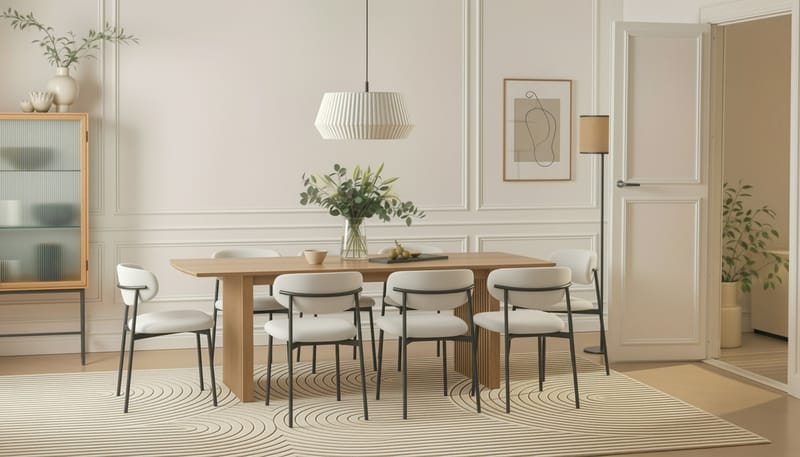 Richeto Spisebord 240 cm med 8 Lucy Spisestoler - Naturlig finish / Hvit Bouclé / Metallben Svart - Møbler - Bord - Spisegrupper