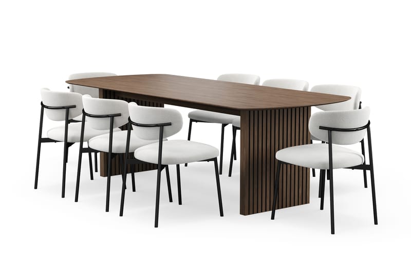 Richeto Spisebord 240 cm med 8 Lucy Spisestoler, Røkt eik / Hvit Bouclé