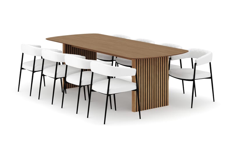 Richeto Spisebord 240 cm med 8 Velma Spisestoler, Naturlig finish / Hvit Bouclé