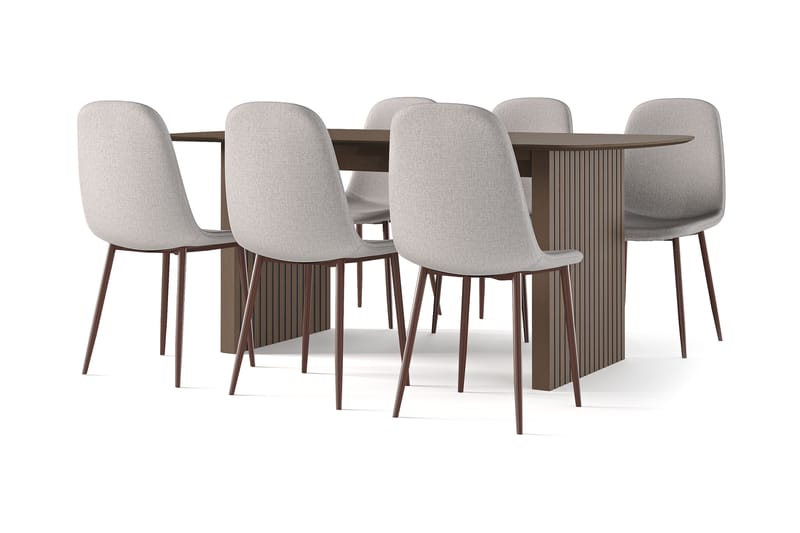 Richeto Spisebord Røkt Eik 180 cm valnøtt + 6 stk Nibe stol beige med valnøttben, Brun/Beige