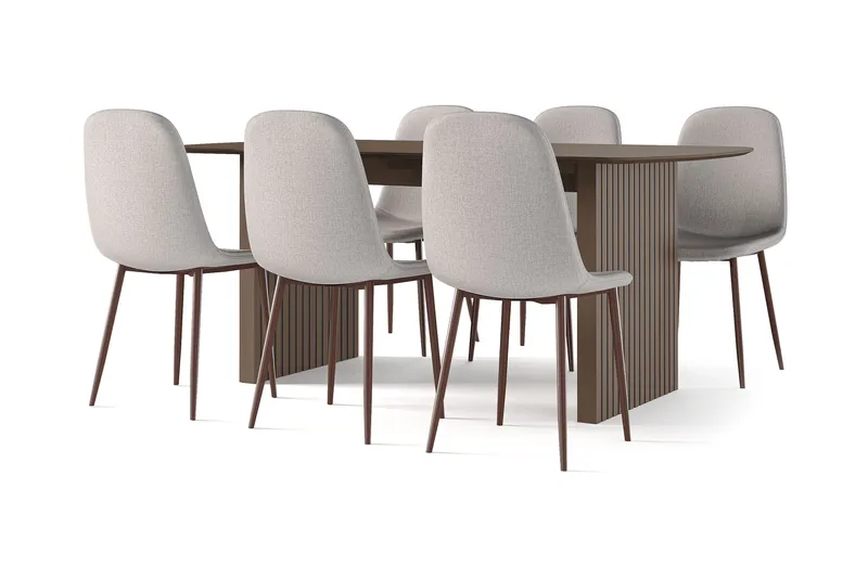 Richeto Spisebord Røkt Eik 180 cm valnøtt + 6 stk Nibe stol beige med valnøttben, Brun/Beige