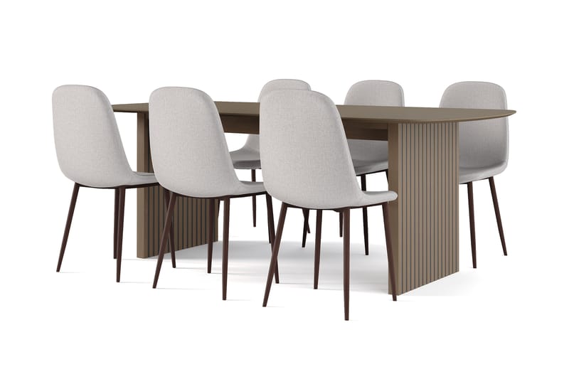 Richeto Spisebord Røkt Eik 210 cm valnøtt + 6 stk Nibe stol grå med valnøttben, Brun/Grå