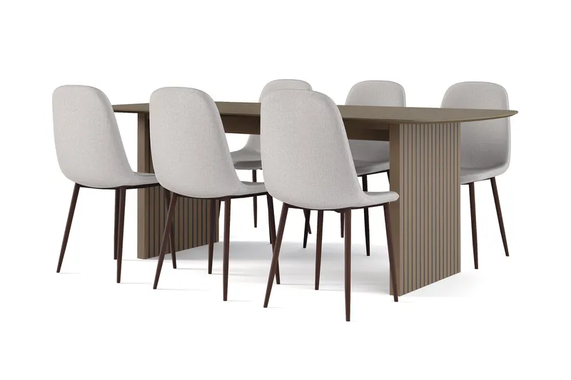 Richeto Spisebord Røkt Eik 210 cm valnøtt + 6 stk Nibe stol grå med valnøttben, Brun/Grå