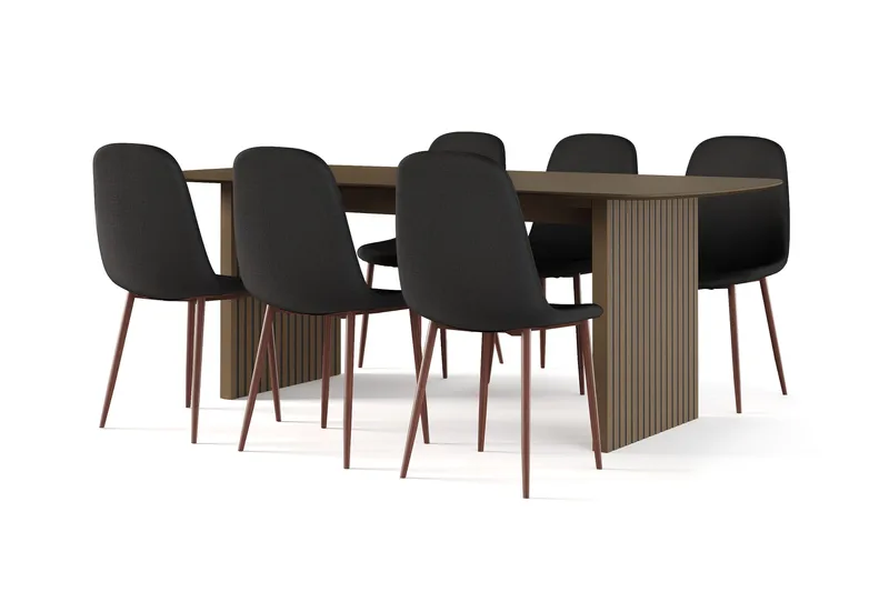 Richeto Spisebord Røkt Eik 210 cm valnøtt + 6 stk Nibe stol svart med valnøttben, Brun/Svart